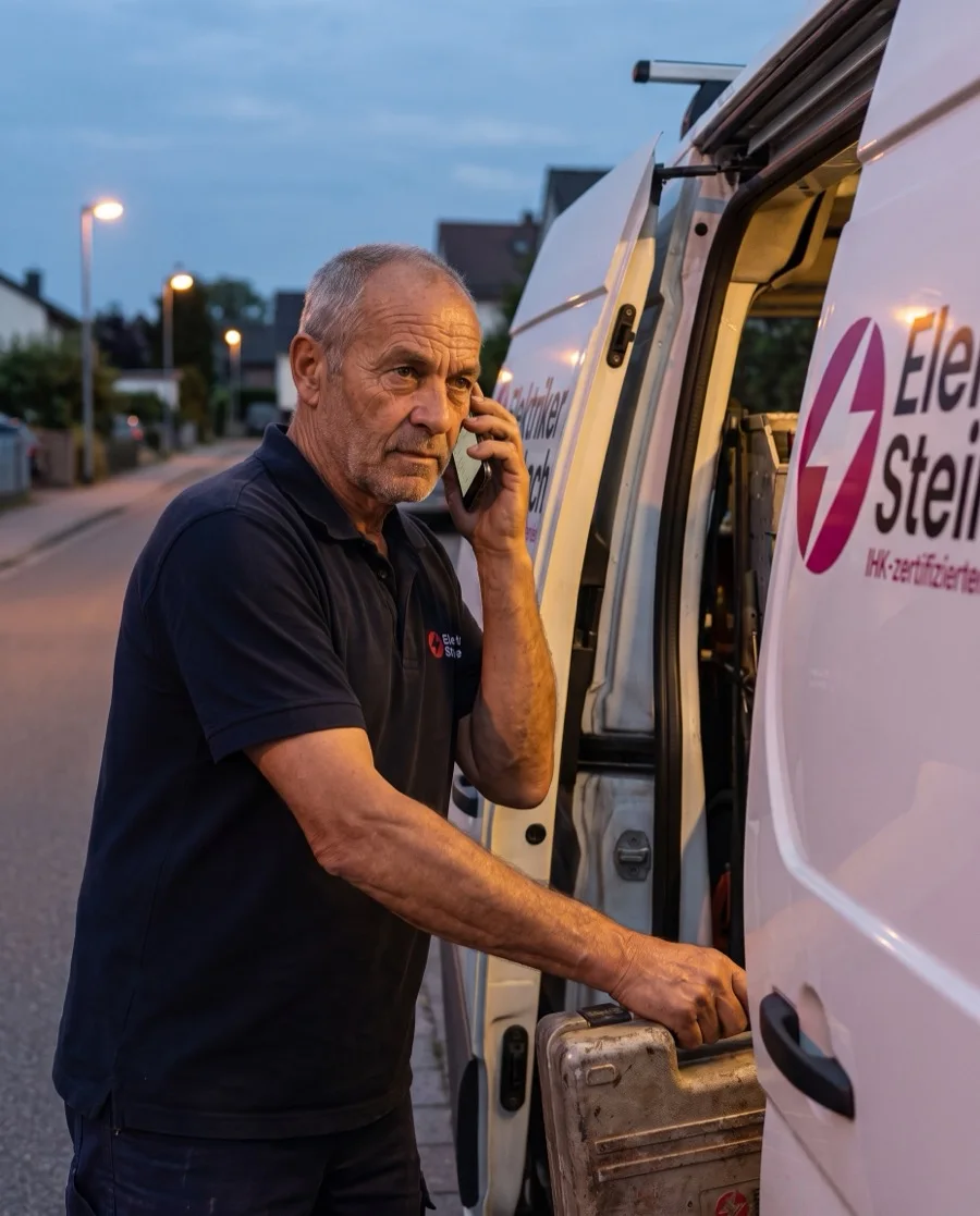 Elektrikermeister Frank Steinbach nimmt einen Notruf an und greift zum Werkzeugkoffer
